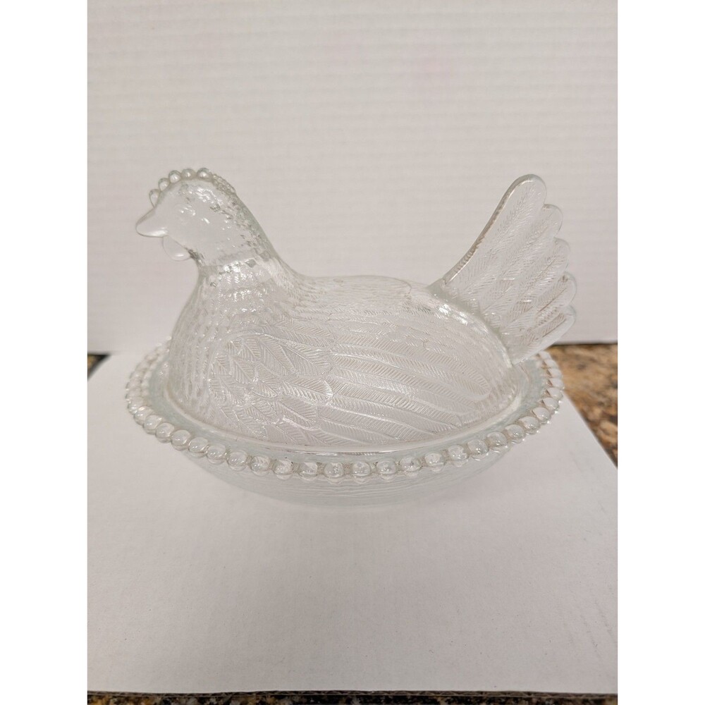 Vintage 7" Indiana Glass Hen on Nest Clear Beaded Rim Candy Dish (Small Chip)